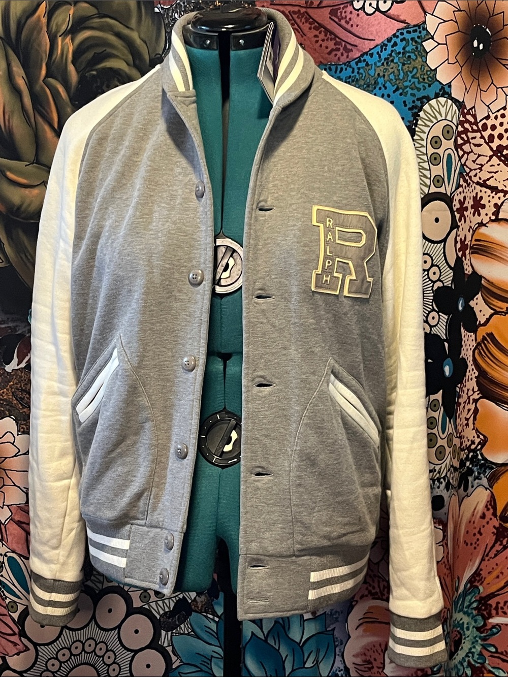 Ralph Lauren Grey and White Varsity Bomber Jacket - purple label, new with tags.